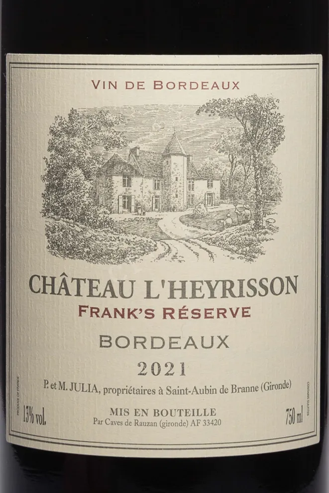 Этикетка Chateau L'Heyrisson Frank Reserve set of 6 bottles 2021 0.75 л