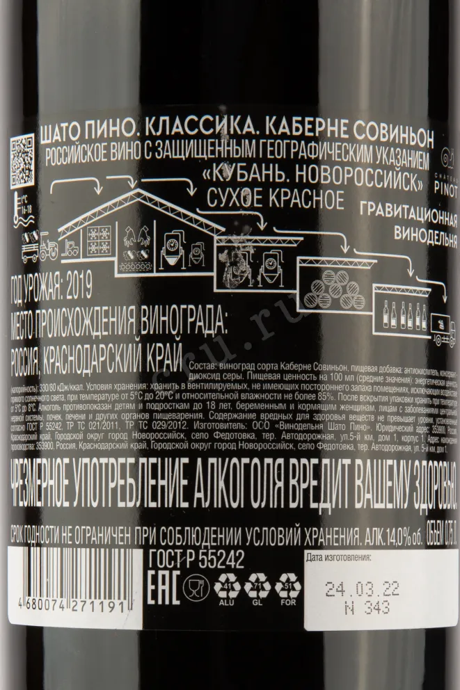 Контрэтикетка вина Шато Пино. Классика. Каберне Совиньон 0,75