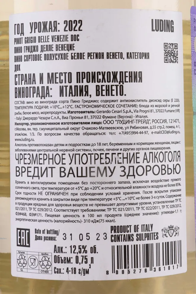 Контрэтикетка Pinot Grigio delle Venezie Salvalai 2022 0.75 л