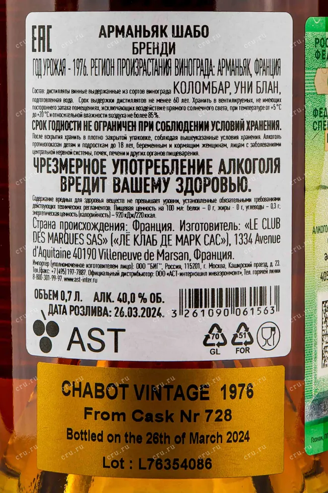 Контрэтикетка Chabot in gift tube 1976 0.7 л