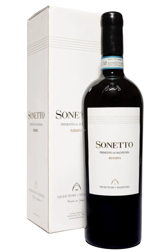 Вино Produttori di Manduria Sonetto Riserva Primitivo di Manduria DOP gift box 2019 0.75 л