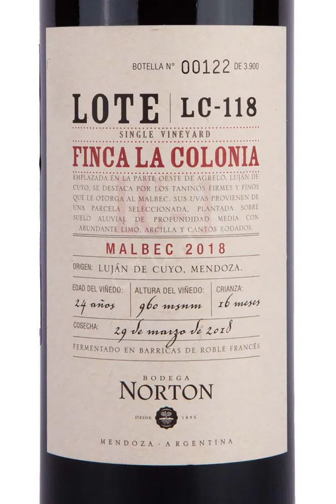 Этикетка Norton Lote Finca La Colonia LC-118 2018 0.75 л