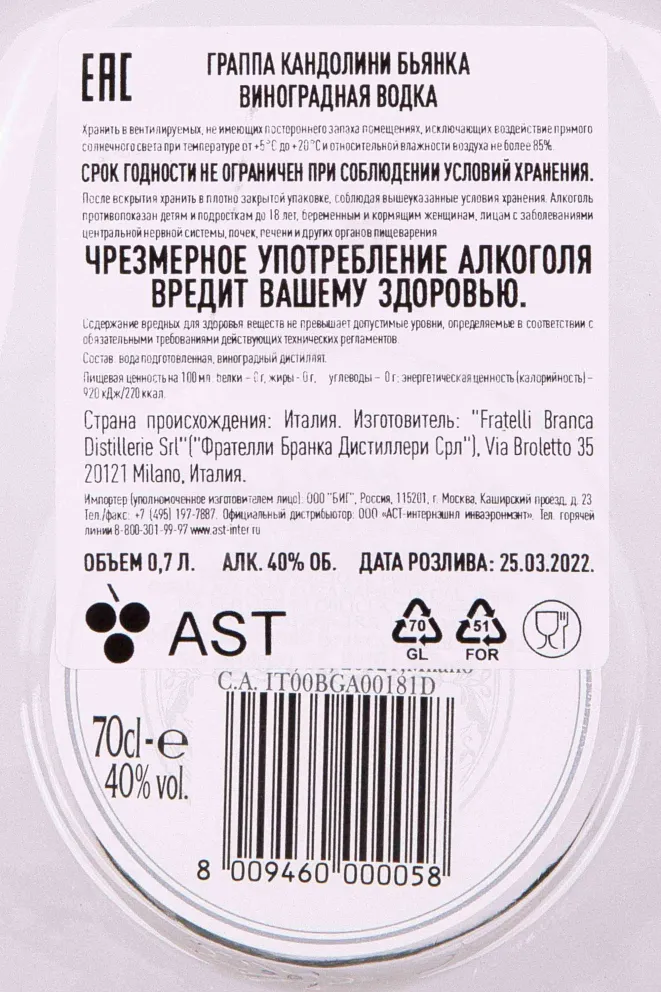 Контрэтикетка Candolini Bianca 0.7 л