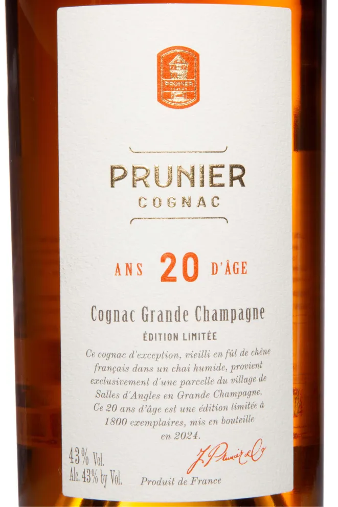 Этикетка Prunier Ans 20 D'Age Grande Champagne in gift box 1999 0.7 л