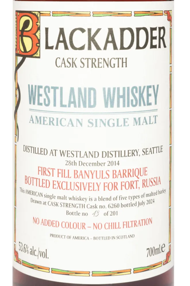 Этикетка Blackadder Westland First Feel Banyuls Single Malt in gift box 0.7 л