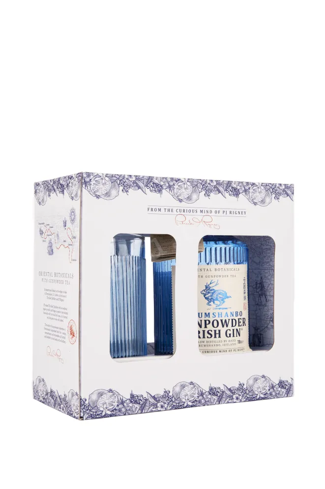 Подарочная упаковка джина Драмшанбо Ганпаудер Айриш в подарочной коробке + стакан 0.5