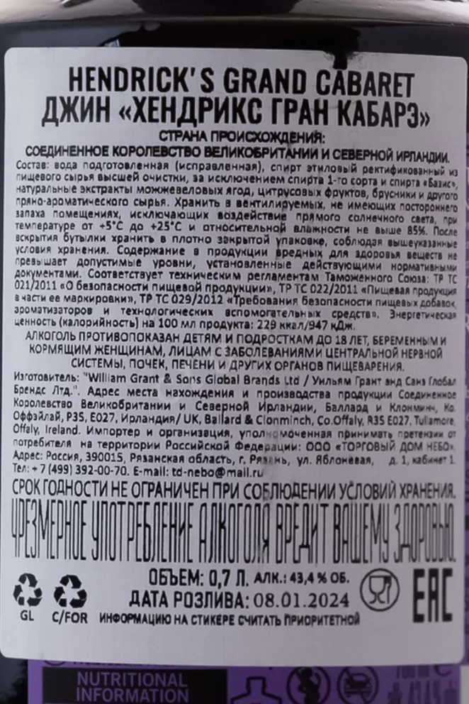 Контрэтикетка Hendrick's Grand Cabaret 2024 0.7 л
