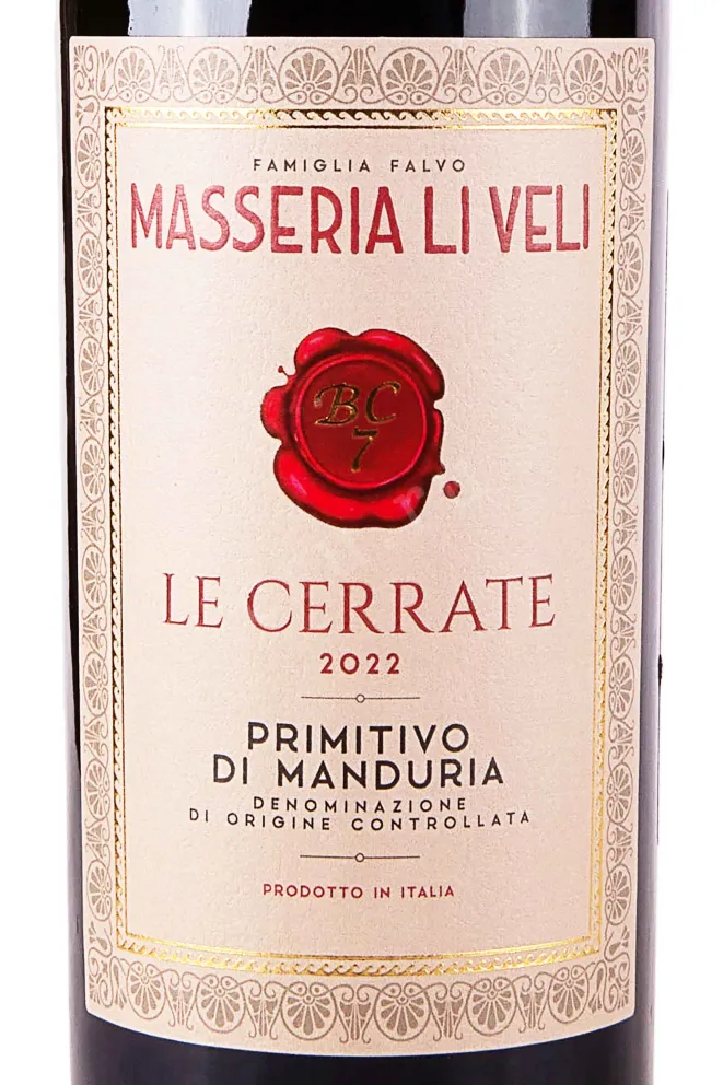 Этикетка asseria Li Veli Le Cerrate Primitivo di Manduria 2022 0.75 л