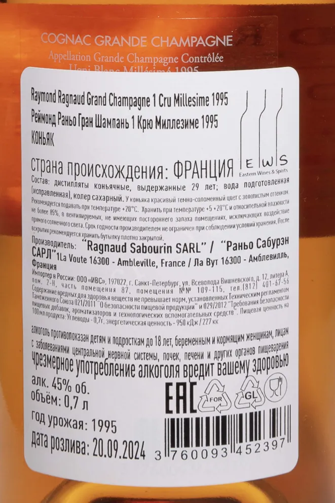 Контрэтикетка Raymond Ragnaud Millesime Grande Champagne in gift box 1995 0.7 л