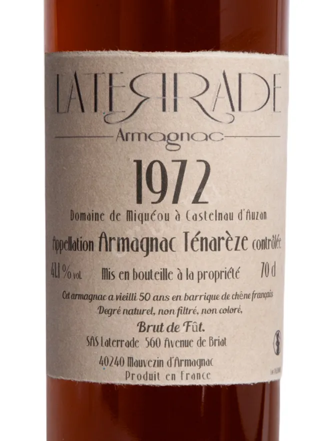 Этикетка Laterrade Domaine de Miqueou Armagnac Tenareze 1972 0.7 л