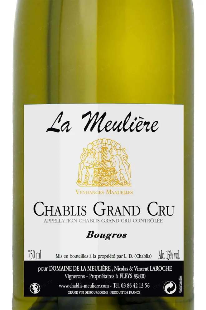 Этикетка Domaine de la Meuliere Chablis Grand Cru Bougros AOC 2014 0.75 л