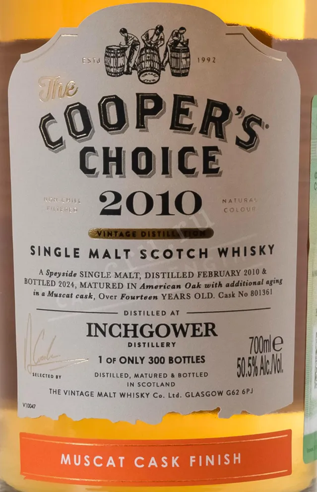 Этикетка The Cooper's Choice Inchgower SIngle Malt Scotch Muscat Cask Finish in gift box 2010 0.7 л