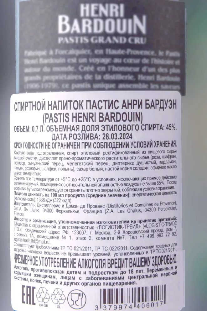 Контрэтикетка Pastis Henri Bardouin in giftset with 2 glasses 0.7 л