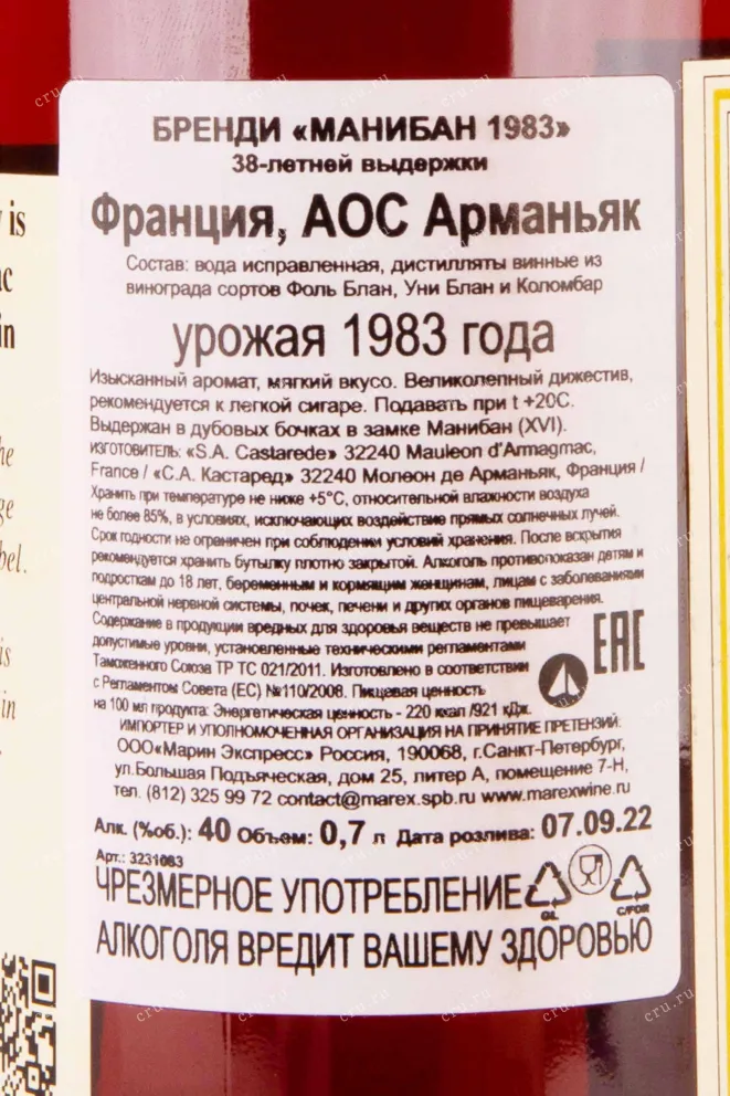 Контрэтикетка Maniban 1983 0.7 л