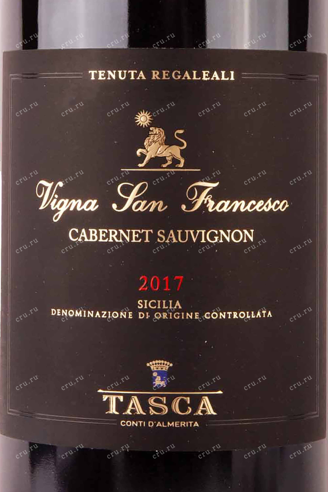 Этикетка Tasca d'Almerita Cabernet Sauvignon Vigna San Francesco in gift box 2017 1.5 л