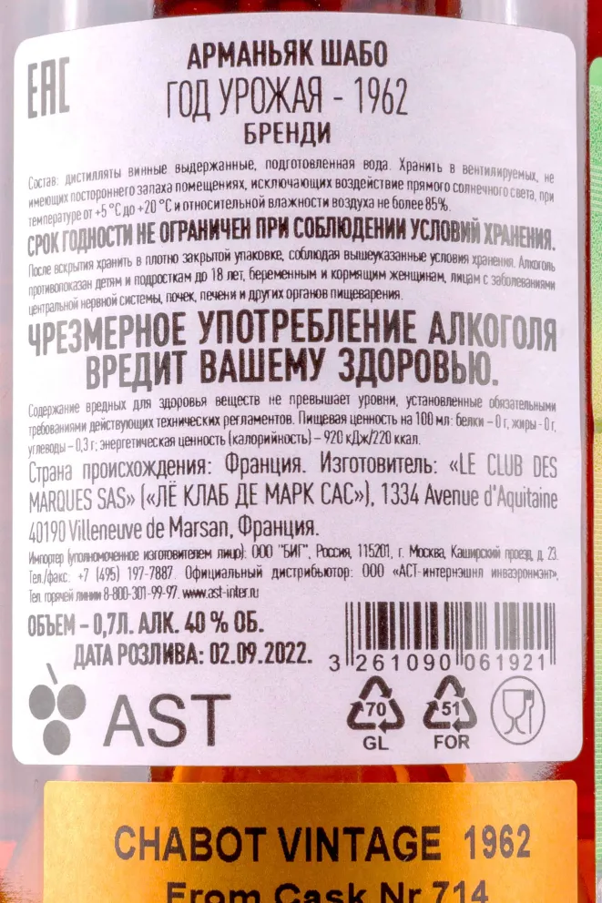 Контрэтикетка Chabot in gift box 1962 0.7 л
