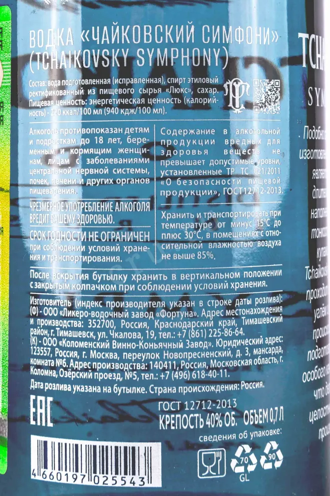Контрэтикетка Tchaikovsky Symphony 0.7 л