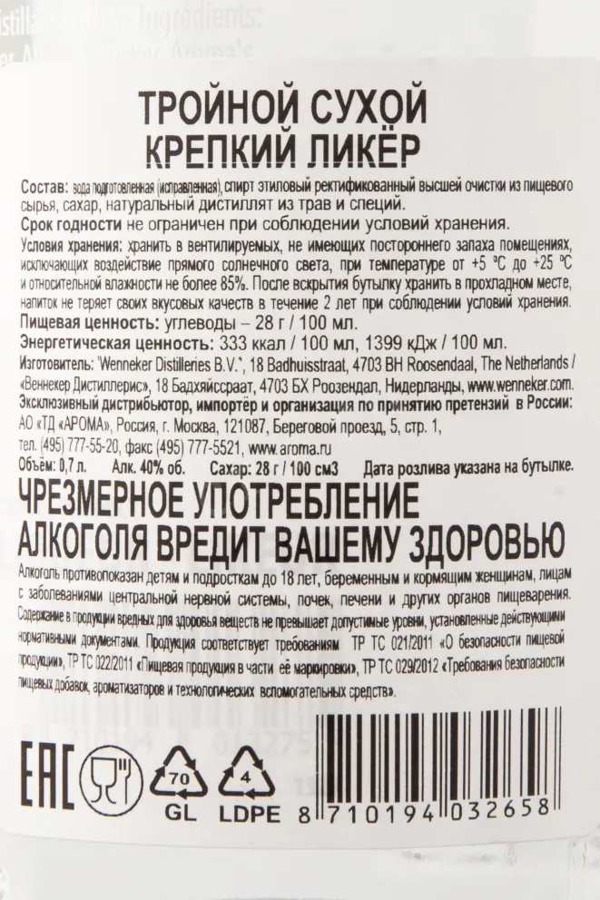 Контрэтикетка ликёра Веннекер Трипл Сэк 0,7