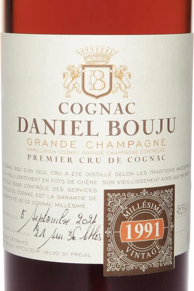 Этикетка Daneil Bouju Grande Champagne Premier Cru De Cognac in gift box 1991 0.7 л