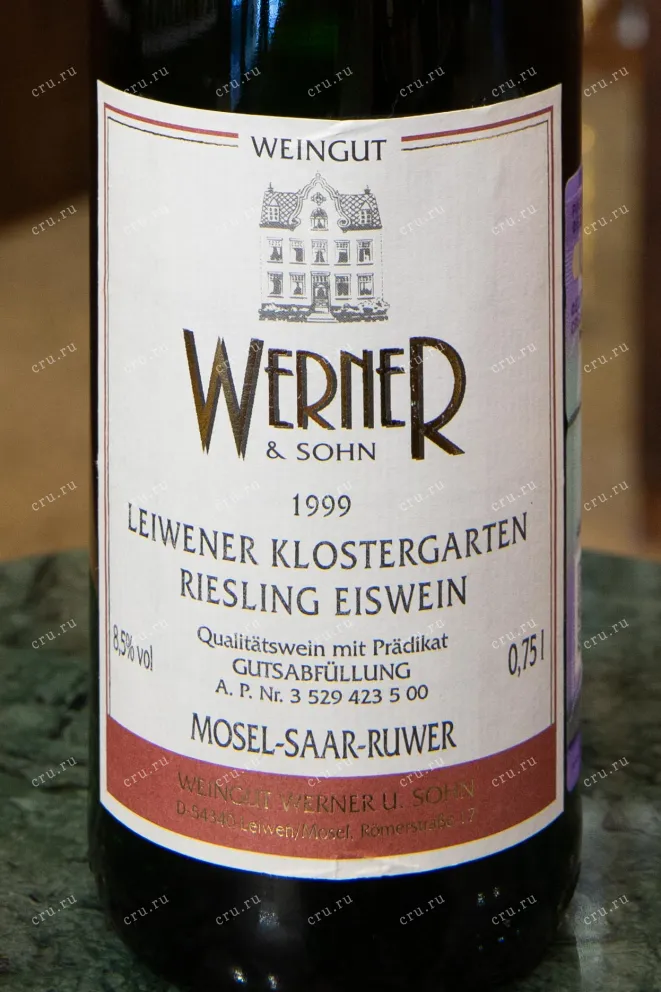 Этикетка Leiwener Klostergarten Riesling Eiswein Weingut Werner 1999 0.75 л