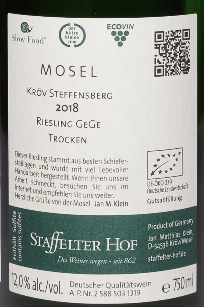Контрэтикетка Staffelter Hof Krov Steffensberg GeGe Riesling Trocken 2018 0.75 л