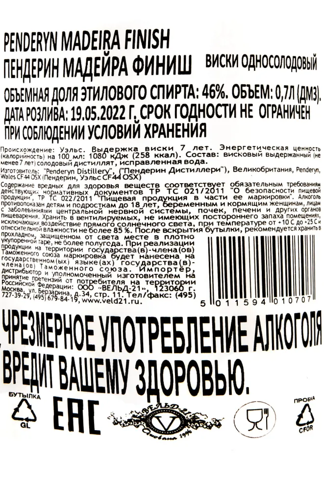 Контрэтикетка Penderyn Madeira Finish  0.7 л
