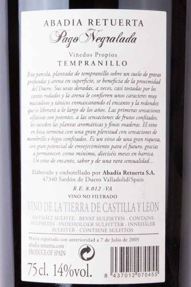 Контрэтикетка Abadia Retuerta Pago Negralada 2010 0.75 л
