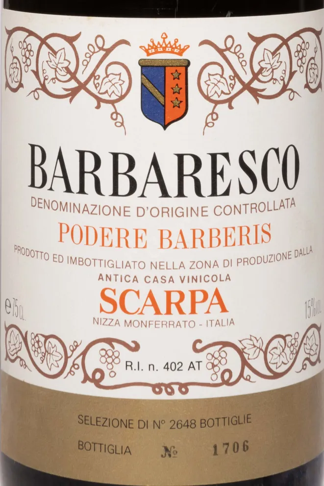 Этикетка Scarpa Barbaresco Podere Barberis DOCG 1974 0.75 л