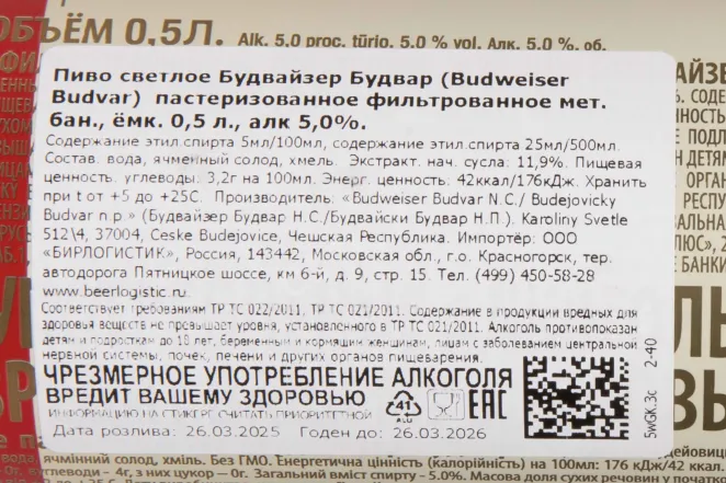 Этикетка Budweiser Budvar Original Czech Lager 0.5 л