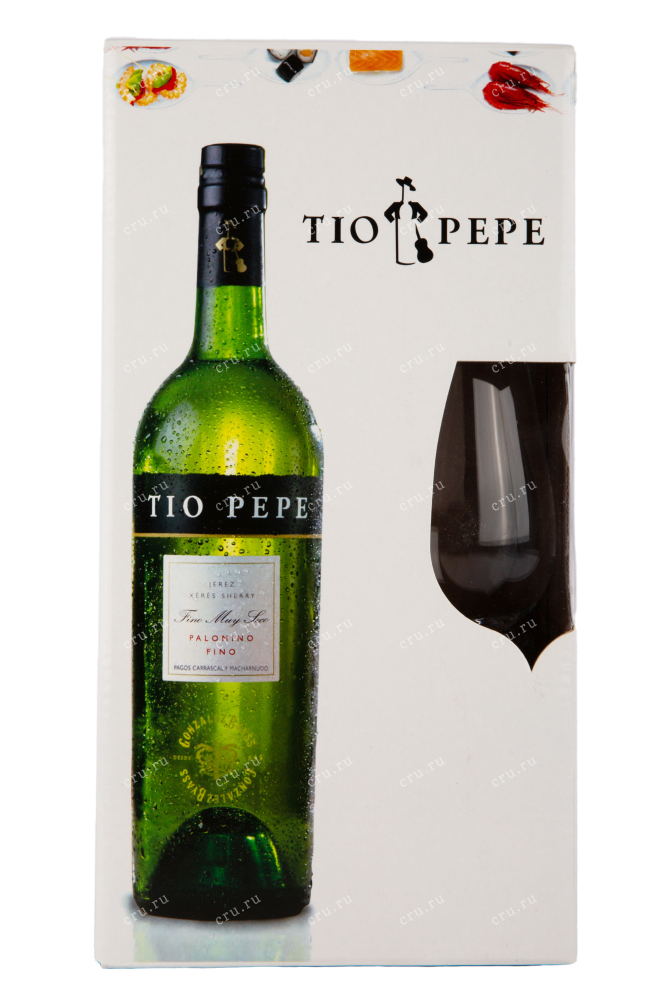 Вино Гонзалез Тио Пепе Фино 0.75 в подарочной упаковке с бокалом
