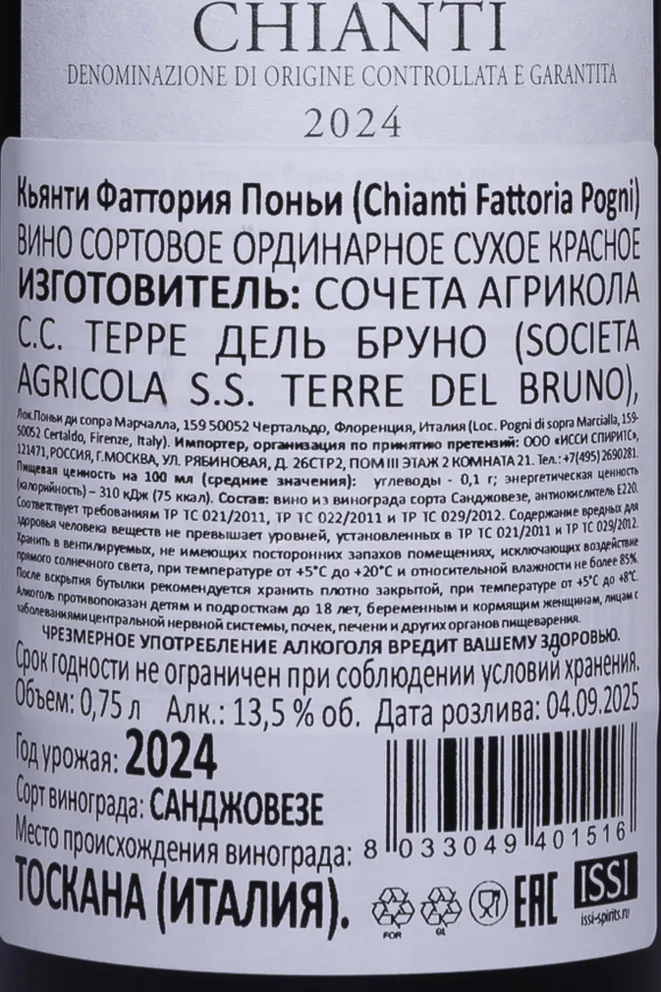 Контрэтикетка Chianti Fattoria Pogni 2024 0.75 л