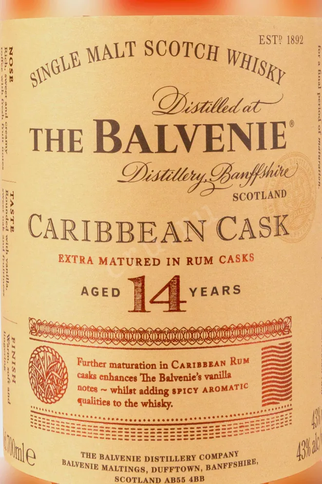 Этикетка Balvenie Caribbean Cask 14 years old in giftset with 2 glasses 0.75 л
