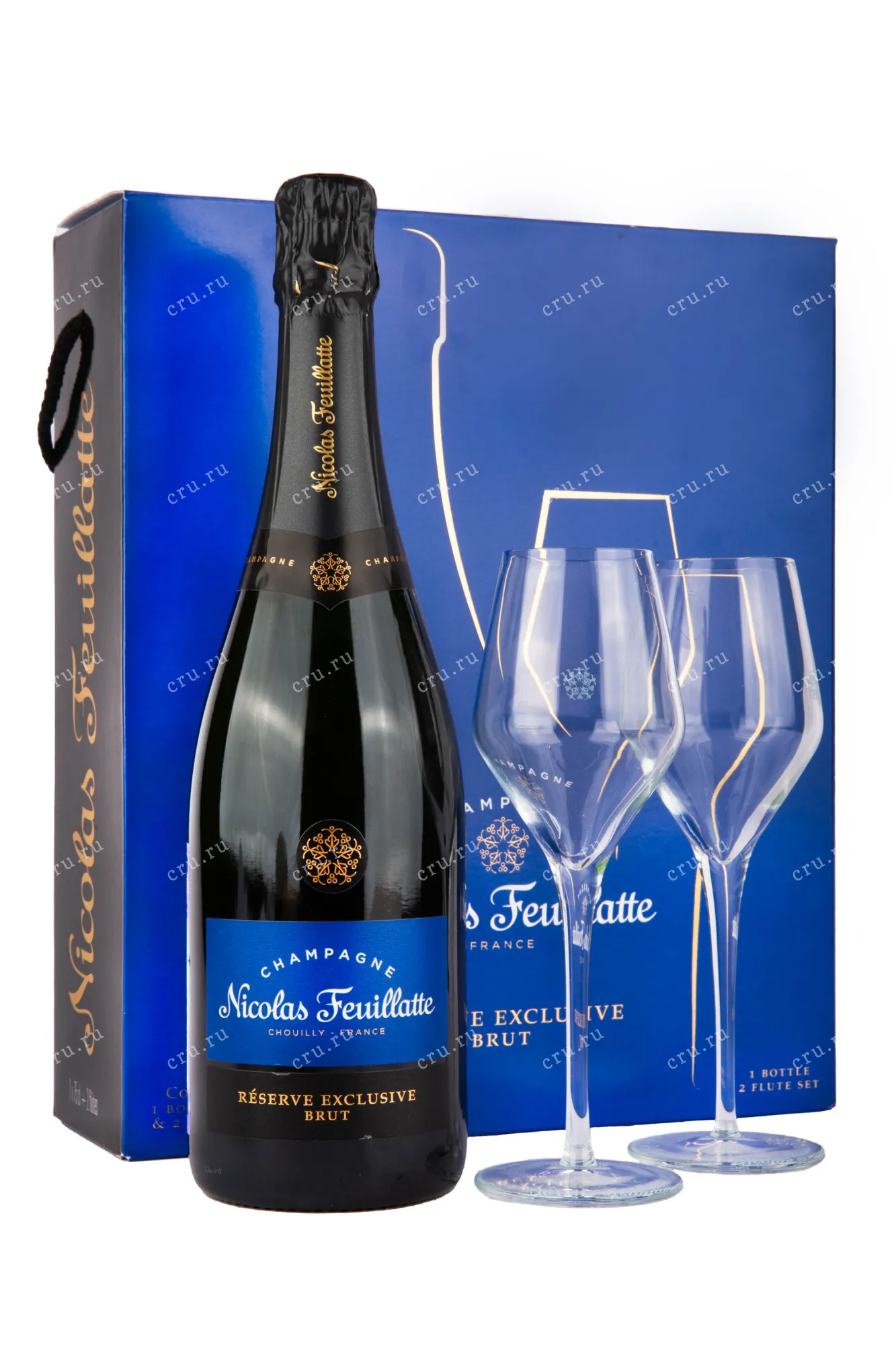 Фото — Шампанское Nicolas Feuillatte Reserve Exclusive Brut gift set with 2 glasses 2016 0.75 л