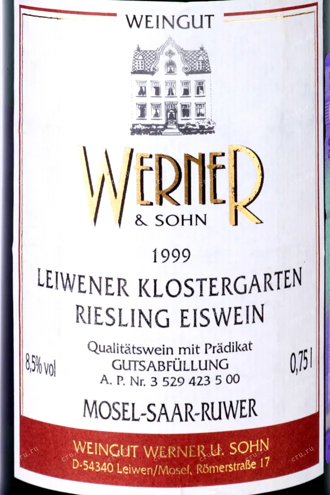 Этикетка Leiwener Klostergarten Riesling Eiswein Weingut Werner 1999 0.75 л
