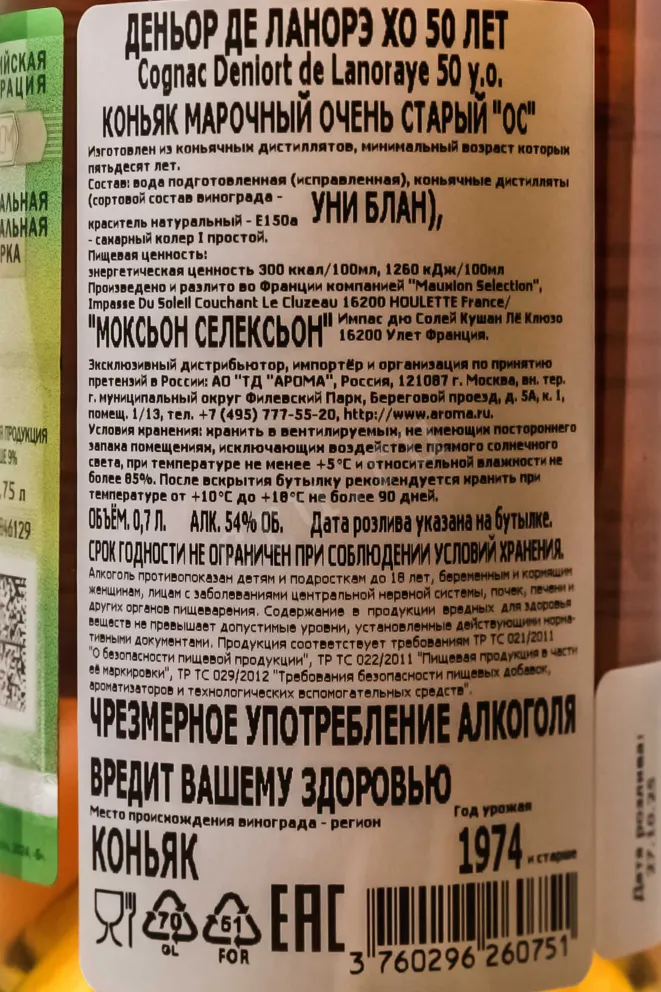 Контрэтикетка Коньяк Деньор де Ланорэ ХО 50 лет 54% 0,7л в д/у Франция