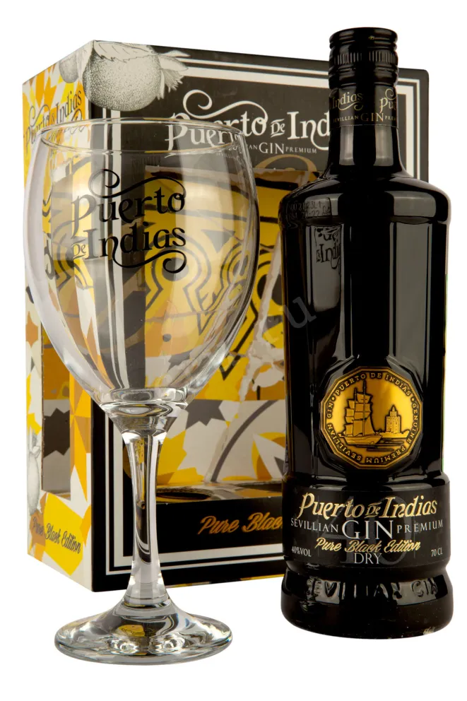 Джин Puerto de Indias Sevillian Premium Black Edition Dry in gift box with glass  0.7 л