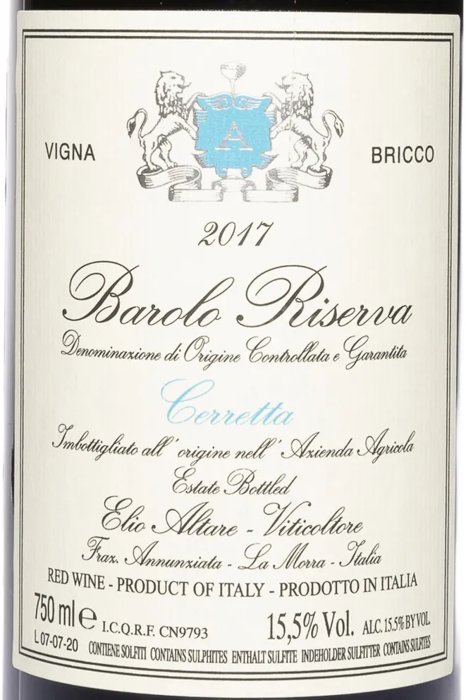 Этикетка Elio Altare Barolo Cerretta Vigna Bricco Riserva DOCG 2017 0.75 л