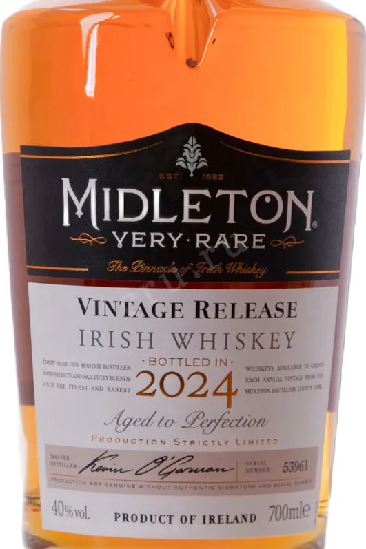 Этикетка Виски капажир. Мидлтон Вери Рэя Винтэйдж Релиз 2024г 40% 0,7л в п/у дерево Ирландия