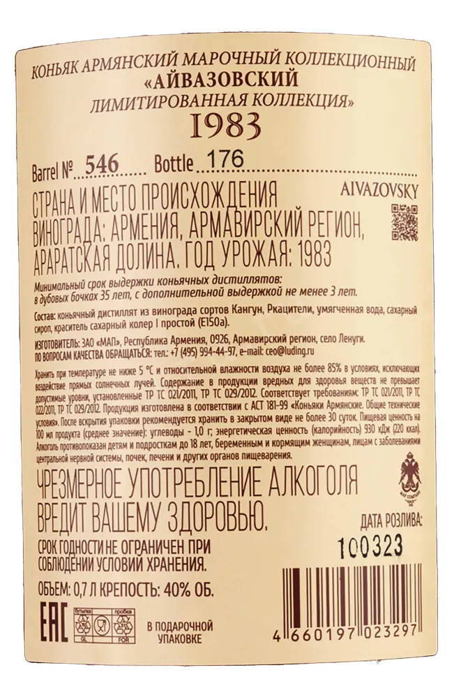 Контрэтикетка Aivazovsky Limited Edition wooden box 1983 0.7 л