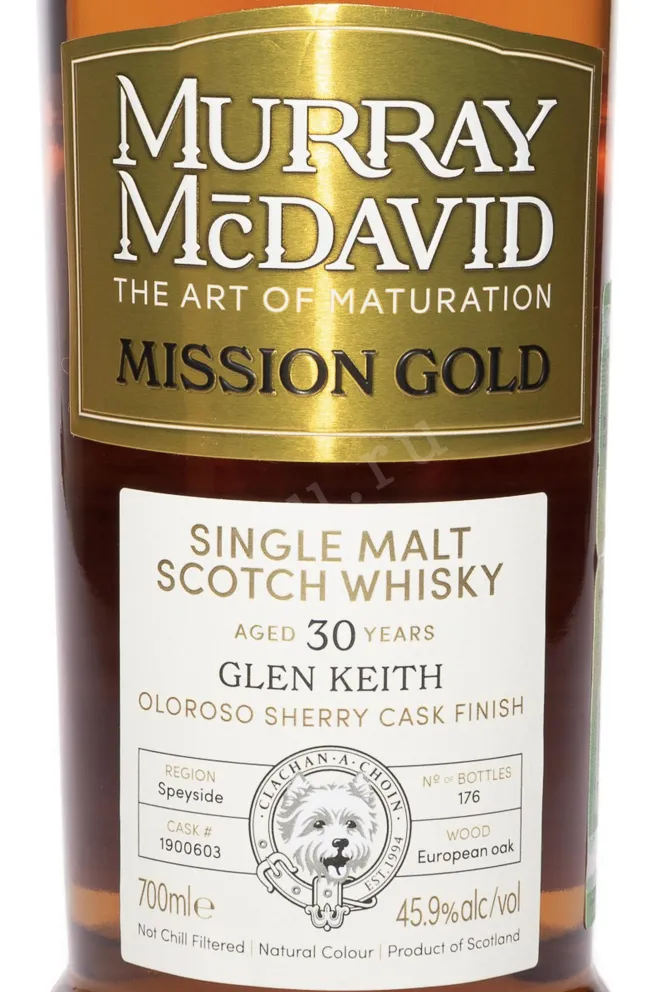 Этикетка Murray McDavid Mission Gold Glen Keith 30 Years Old in gift box 0.7 л