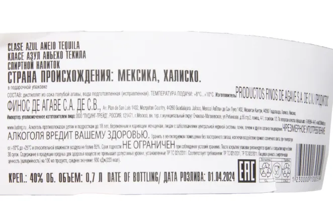 Контрэтикетка Clase Azul Anejo in wooden box 0.7 л