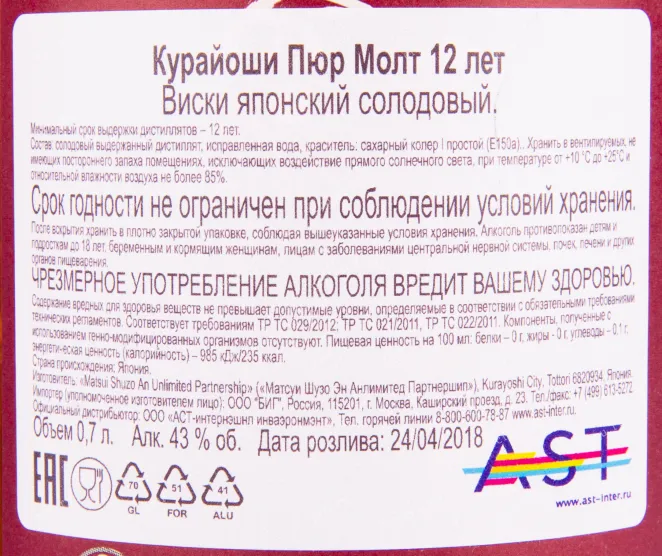 Контрэтикетка виски The Kurayoshi Pure Malt 12 years 0.7