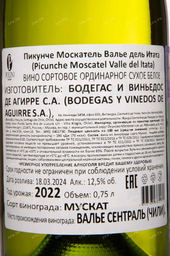 Контрэтикетка Picunche Moscatel Valle Del Itata 2022 0.75 л