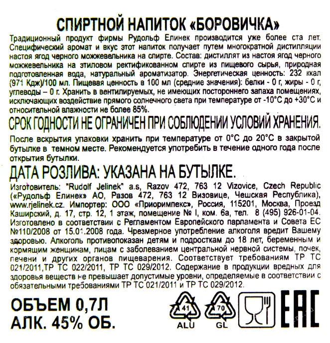 Контрэтикетка настойки Словацкая Боровичка 0.7