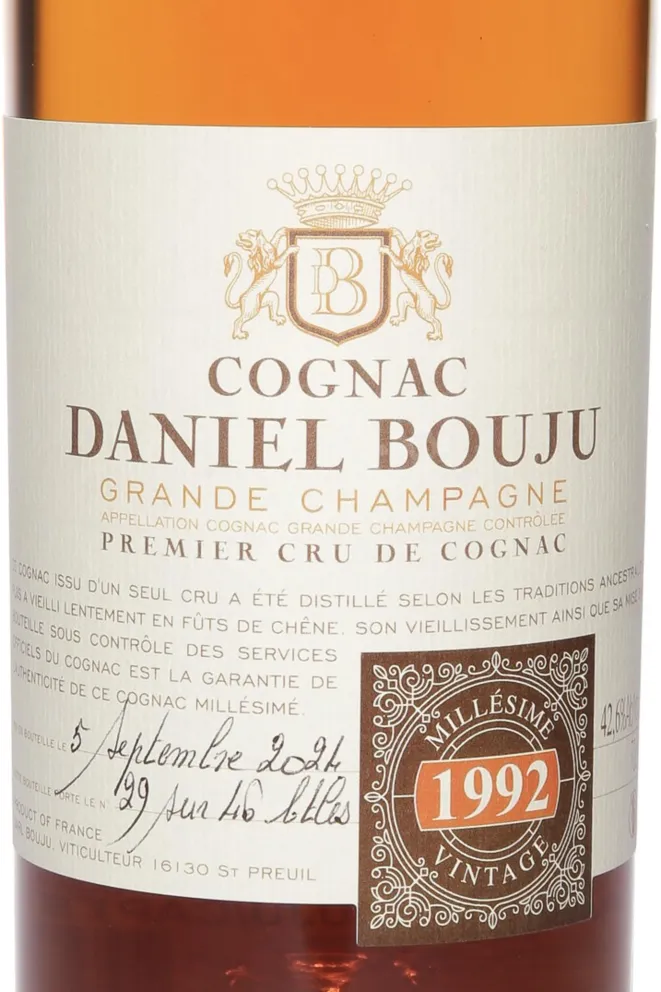 Этикетка Daneil Bouju Grande Champagne Premier Cru De Cognac in gift box 1992 0.7 л
