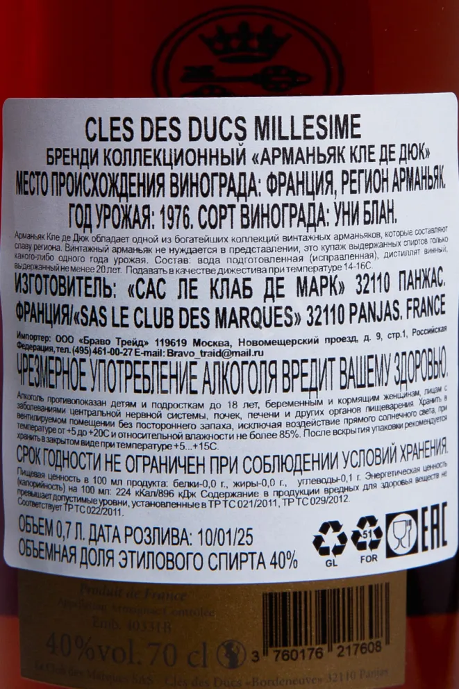 Контрэтикетка Cles des Ducs in gift box 1976 0.7 л