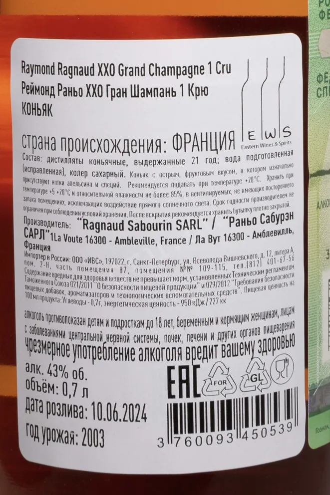 Контрэтикетка Raymond Ragnaud XXO Grand Champagne 1er Cru De Cognac in gift box 2003 0.7 л