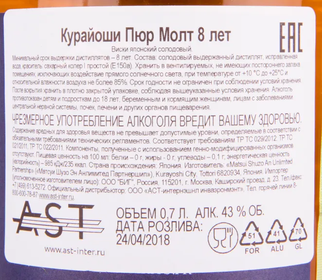 Контрэтикетка виски The Kurayoshi Pure Malt 8 years 0.7