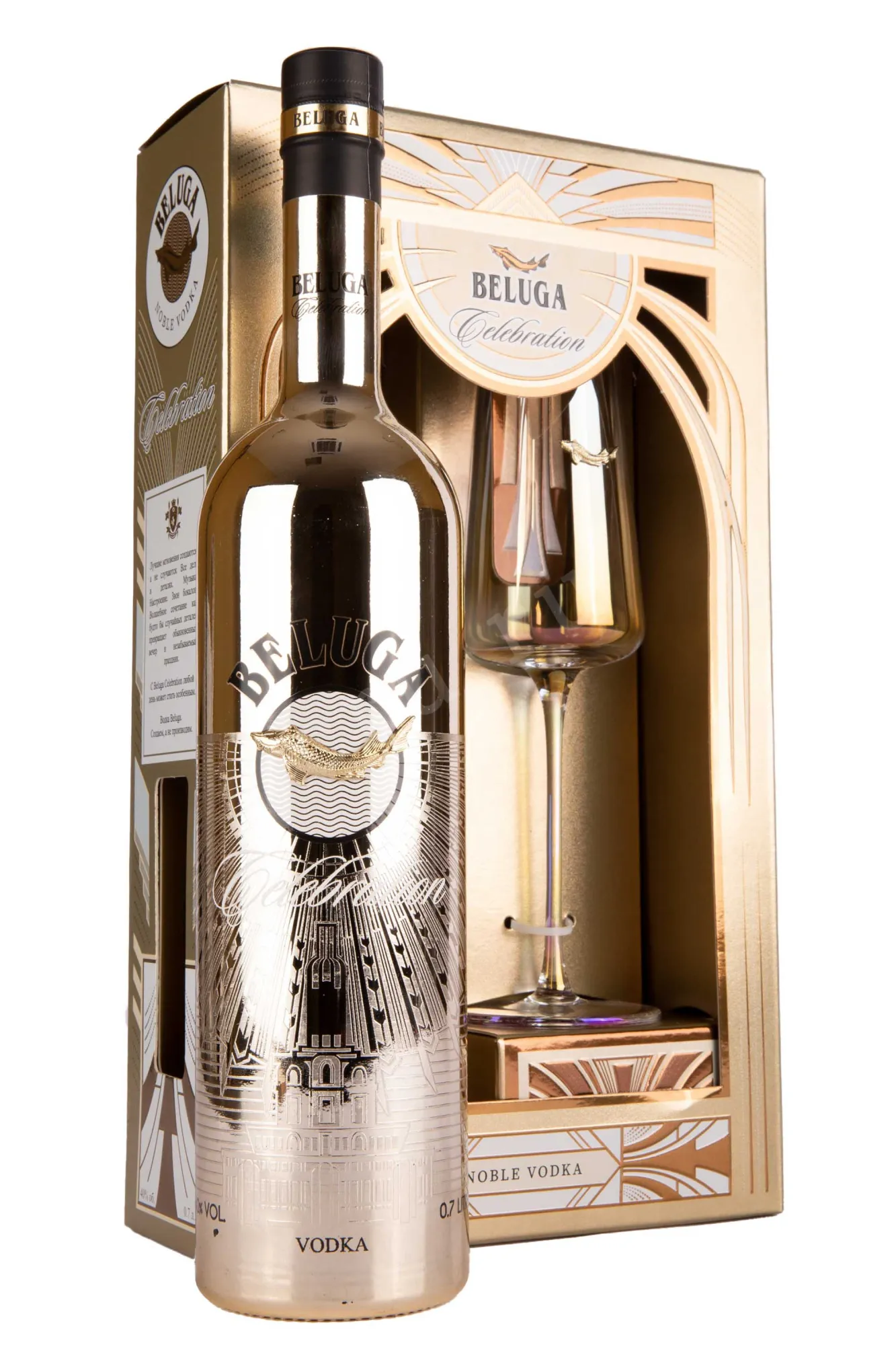Фото — Водка Белуга Нобл Селебрейшен в подарочном наборе с бокалом  0.7 л