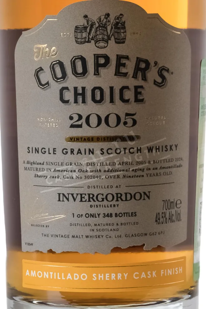Этикетка Виски шот сол Зе Куперс Чойс Инвергордон Сингл Грейн Скоч Виски Амонтильядо Шер Ка Фи 49,5% 0,7л п/у 2005